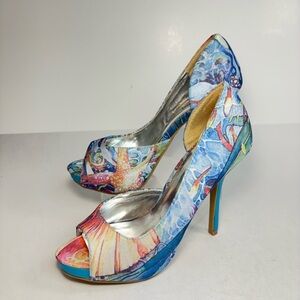 Blue Artistic Print Peep Toe Women High Heels 4.5” Heels Size 7.5 Fairy Y2K
